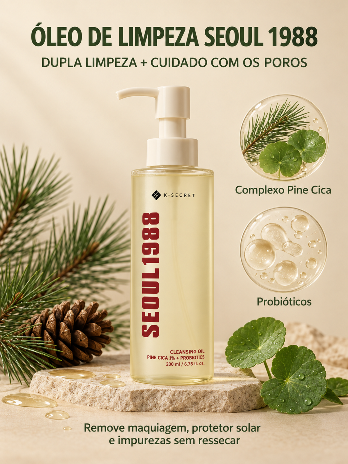 K-Secret Seoul 1988 Cleansing Oil: Pine CICA 1% + Probiotics 200ml